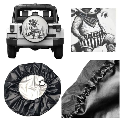 Image of Funny Raccoon Cowboy Spare Tire Cover with Unique Print, Weatherproof Wheel Covers Tire Protector, Universal Fit for Rv, Trailer, SUV, Camper Vehicle