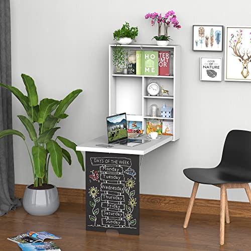 Image of Wall Mounted Office Desk, Fold Out Convertible Computer Desks with Storage Shelves, Multi-Function Folding Wall Desk Writing Table for for Small Spaces, Home Office (White+Black)