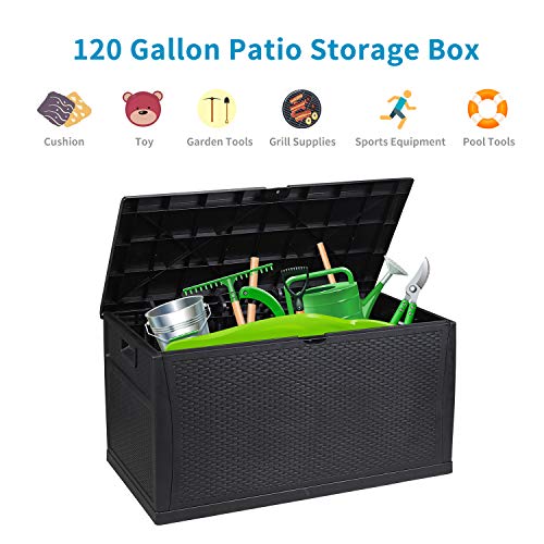 Leisurelife Plastic Deck Box Wicker 120 Gallon, Black Water-Resistant Storage Container Outdoor Patio Garden Furniture #TOP5