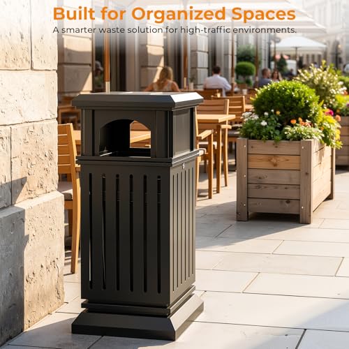 Image of BEAMNOVA Commercial Outdoor Trash Can with Lid, Black, 17.7 * 37.4 in | Metal Garbage Can Heavy Duty Outside Waste Container for Hotel, Patio, Business, Motel Room, Exterior Public Area