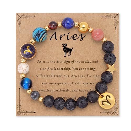 Bolinailo Aries Bracelet, Zodiac Bracelets for Women 12 Constellations Healing Crystal Stone Jewelry for Birthday, Zodiac Gifts for women, Aries Constellation Charm Gemstone Bracelet Jewellery
