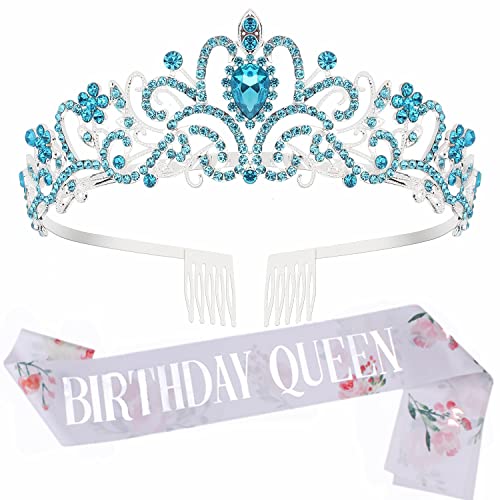 Birthday Crown, Didder Blue Crystal Tiara & Birthday Queen Sash Set, Tiaras for Women Birthday Sash and Tiara for Women Birthday Tiara Birthday Crowns for Women Girls Birthday Gifts for Women