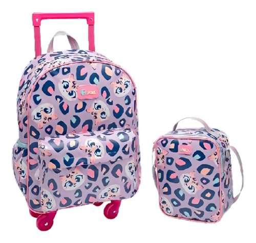PUKET - Mochila Escolar Puket Com Rodinha E Lancheira Onça Lilás