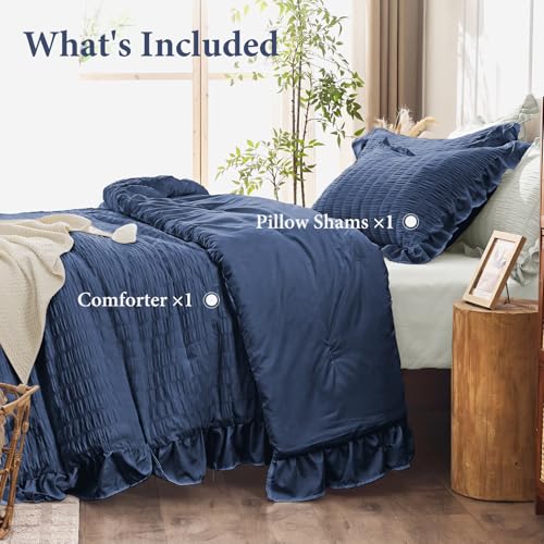Image of JOLLYVOGUE Navy Blue Twin /Twin XL Comforter Set, 2 Pieces Seersucker Lightweight Fluffy Bedding Set, Twin Ruffle Comforter, All Season Soft Microfiber Shabby Chic Bed Set