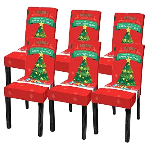 NIDITW Set of 6 Christmas Dining Chair Slipcovers Stretch Tree Print Parsons Chair Slipcover Kitchen Chair Covers Removable Washable Chair Seat Protector for Xmas Hotel Party (6PCS, Red and Green) Cover