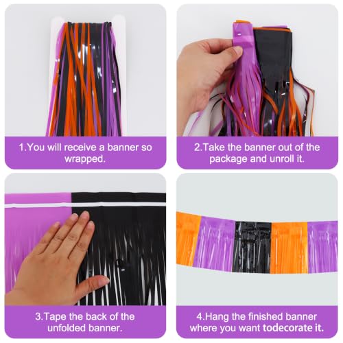 Image of BEISHIDA Macaron Black Orange Purple Foil Fringe Garland 30ft Tinsel Banner