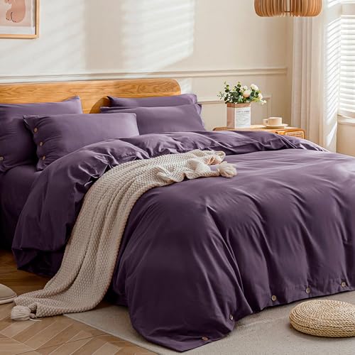 Image of JELLYMONI Cotton Duvet Cover Cal King Size - Purple Comforter Cover with Button 100% Washed Cotton 3PCS Breathable Soft Solid Bedding Set Duvet Cover 104x98in & 2 Pillowcases (NO Comforter)