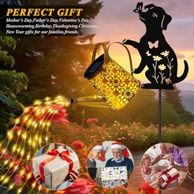 Solar Lights Outdoor Decorative, Watering Can with Cascading Lights, with Dog Silhouette Garden Stakes, Waterproof Metal Garden Decor for Yard Art, Outside, Patio, Lawn Ornaments(1 Pack)