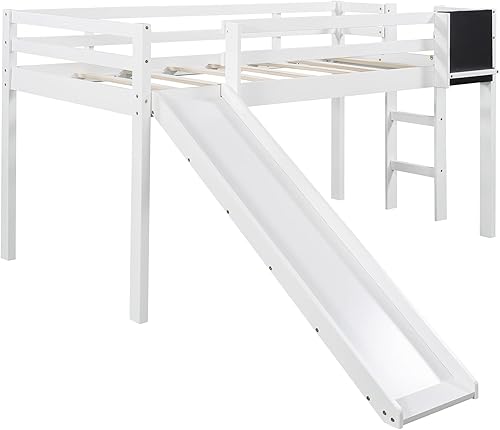 Miniatura 4 de Cama baja tipo loft con tobogán y pizarra, marco de cama tipo loft individual para sala de estar, dormitorio, habitación de invitados. No necesita