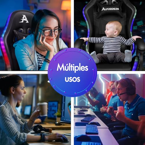 ALFORDSON Silla Gaming con RGB LED de 12 Colores y Masaje de 8 Puntos, Silla Gamer con Reposapiés, Reposacabeza y Cojín Lumbar, Silla Escritorio de Oficina Ergonomica, Piel PU, Negro - imagen 8