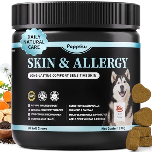POPPAW Dog Allergy Relief Soft Chews - Immune Supplement for Seasonal Allergies - Support Paw Licking & Itch Relief, Skin & Gut Health with Probiotics, Omega-3 - Beef Flavor, 90 Count