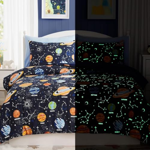 Image of Queen Size Comforter Set for Boys-7 Pieces Planet Glow in the Dark Bedding