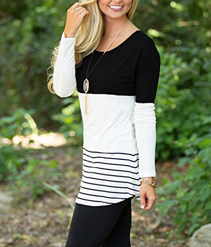 Hount Womens Back Lace Color Block Tunic Tops Long Sleeve T-Shirts Blouses with Striped Hem (X-Large, Black)