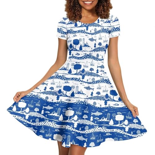 Image of HUGS IDEA Womens Puffy Swing Midi Dress Round Neck Short Sleeve Party A-Line Dresses