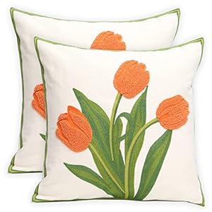 Pack of 2 Embroidered Decorative Throw Pillow Cover 18x18 Inch Farmhouse Floral Pillowcase for Living Room Sofa Bed (Orange Tulip) Pack of 2 Embroidered Decorative Throw Pillow Cover 18×18 Inch Farmhouse Floral Pillowcase for Living Room Sofa Bed Orange Tulip