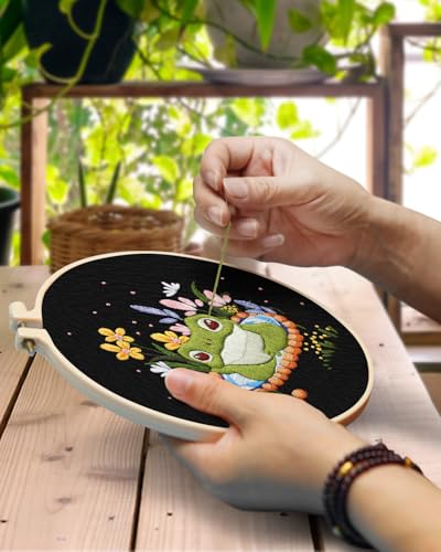 Image of TINDTOP 2 Pack Embroidery Kit for Adult, Embroidery DIY Starter Kit, with Stamped Patterns, Hoop, Tools, Colorful Threads with Needles, Instructions (Frog) | with Stamped Patterns, Hoop, Tools, Colorful Threads with Needles, Instructions (Frog)