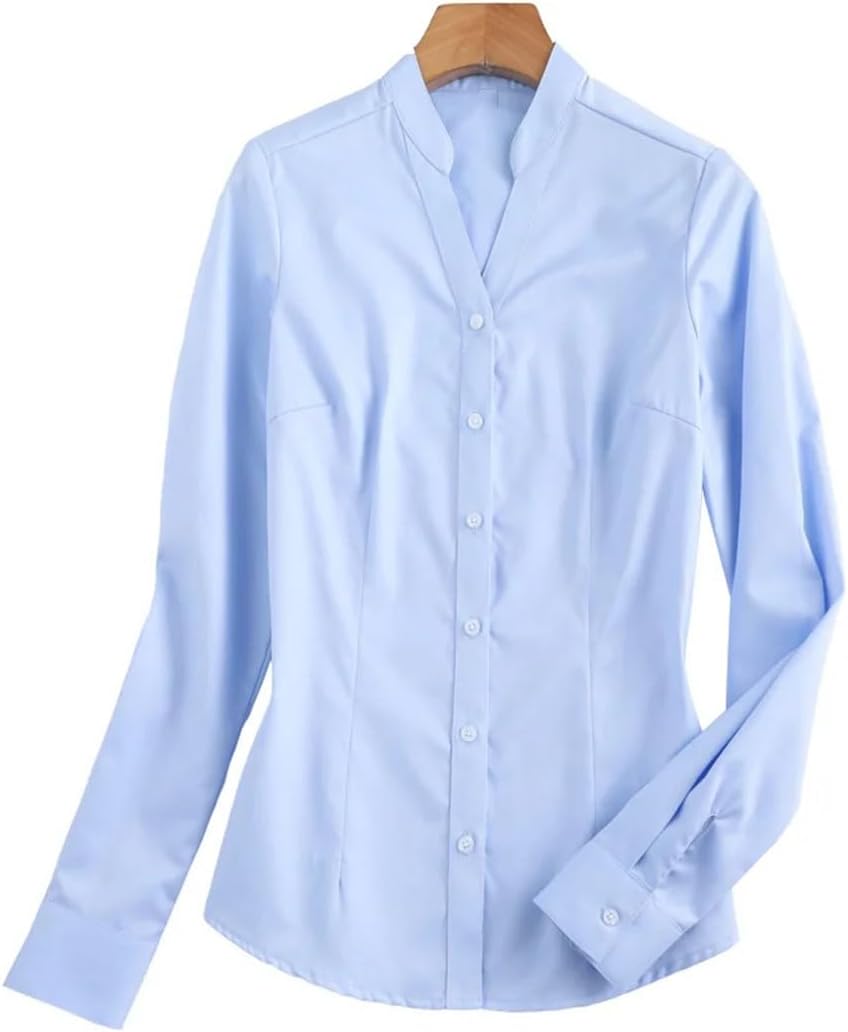 Women Long Sleeve V-Neck Shirt Solid Color Button Down Shiart Office Ladies Formal Slim Blouses