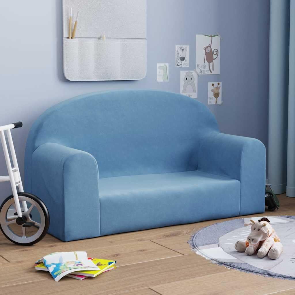 Sofa dziecięca 2-osobowa, niebieska, miękka pluszowa do pokoju dziecięcego, tapicerka piankowa, zdejmowany pokrowiec z zapięciem na rzepy, 84 x 34 x 45 cm, wygodne miejsce do siedzenia
