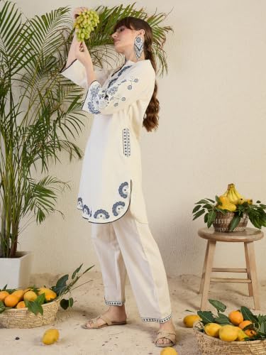 Image of INDO ERA Women's Pure Cotton Embroidered Straight Kurta & Palazzo Set | cotton kurta sets for women