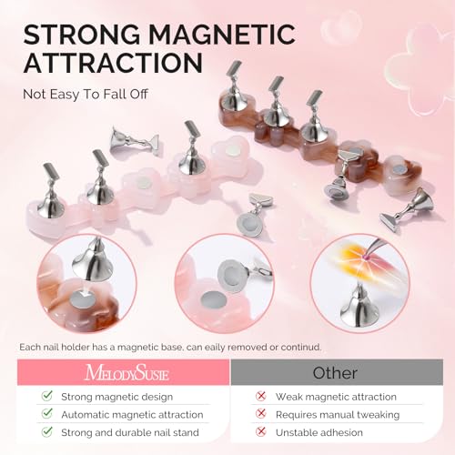 Image of MelodySusie Nail Stand for Press Ons, Flower and Heart Shape Magnetic Base for Painting Display with Brush Holder and 100 Pcs Reusable Double-Sided Tape for Home DIY Salon Supplies, Pink and Coffee