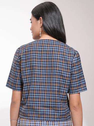 Image of Tokyo Talkies Womens Blue /Mustard Crop Double Breasted Blazer