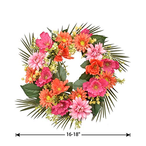I-Guru Spring Wreath For Front Door, 16-18 Inch Green Leaves Dahlia Orange Flowers Door Wreaths Hydrangeas For Summer All Seasons Farmhouse Indoor Outside Wall Window Decor #TOP1