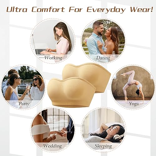 Image of DOCUMO Strapless Bra for Women Padded Bandeau Bra Non-Slip Silicone Seamless Wireless Tube Top Bra