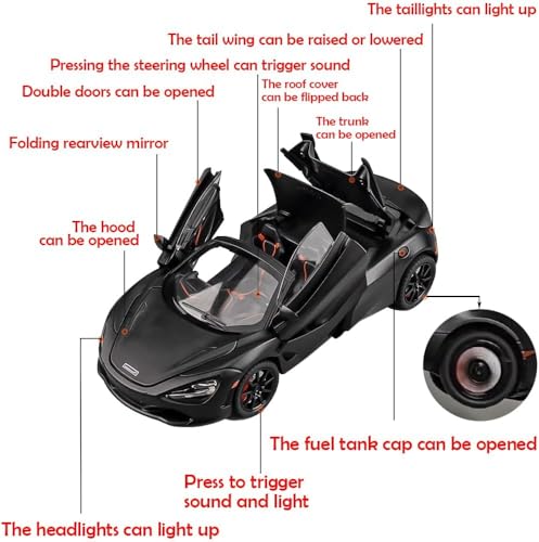 Image of 1:24 McLaren 720S Diecast Alloy Model Car Pull Back Toy with Sound & Light Collectible Supercar Gift for Kids & Adults Realistic Detailing Perfect for Display or Play (Black)