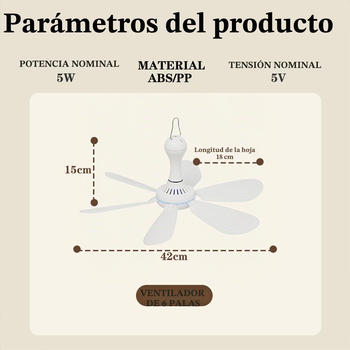 Mini ventilador de techo portátil, 4 niveles de viento, alimentado por USB, diámetro 42 cm, 5 W (mando a distancia)