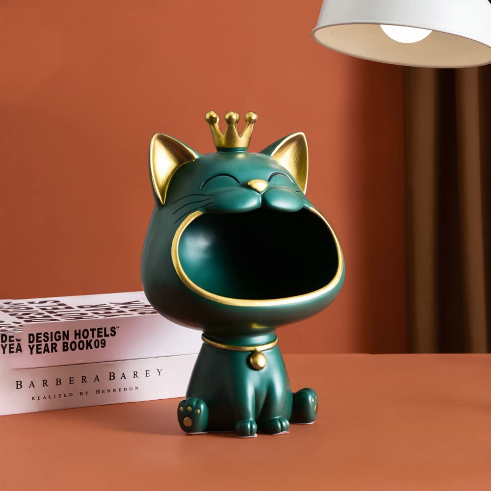 Azazaza Laughing Cat Figures Statue, Resin Big Mouth Fortune Cat Figure Trays, Key Holder Bowl for Entryway Table, Modern Art Office Desk Home Decor (Green)