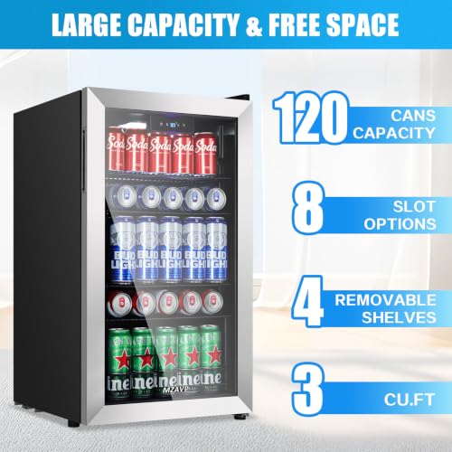 Image of Beverage Refrigerator Cooler, 120 Can Mini Beverage Fridge with Reversible Glass Door for Soda Beer, 3 Cu.Ft Drink Fridge with Digital Temperature Control & Adjustable Shelves - Silver