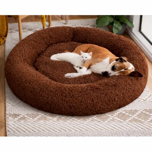Image of ZEXSAZONE Summer Round Donut Pet Bed for Cats and Puppies Dogs Mat Cozy and Plush Raised Bedside Support Both Sides Use Like 2 in One Washable Sizes for Small Medium and Large Pets Brown Large