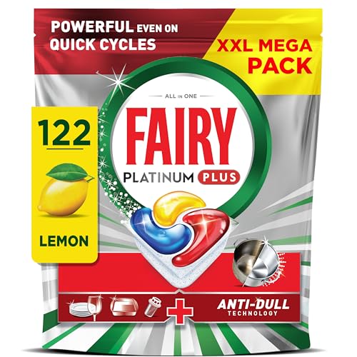 Fairy Platinum Plus Dishwasher Tablets Lemon 122 Capsules Impeccable Clean Even in Quick Cycles Without Pre-Wash Anti-Dull Technology Super Shine Function