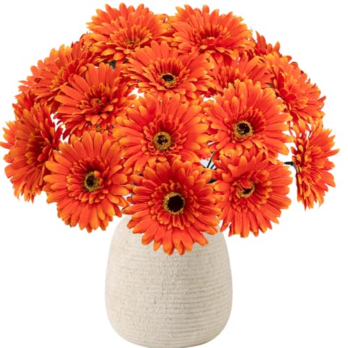 FOUSUKA 20 Pcs Fake Silk Gerbera Daisy Artificial Flowers with Stems Faux Daisies Flower Bulk for DIY Art Crafts Home Wedding Party Vase Centerpieces Tables Garland Wreath Decoration (Orange)