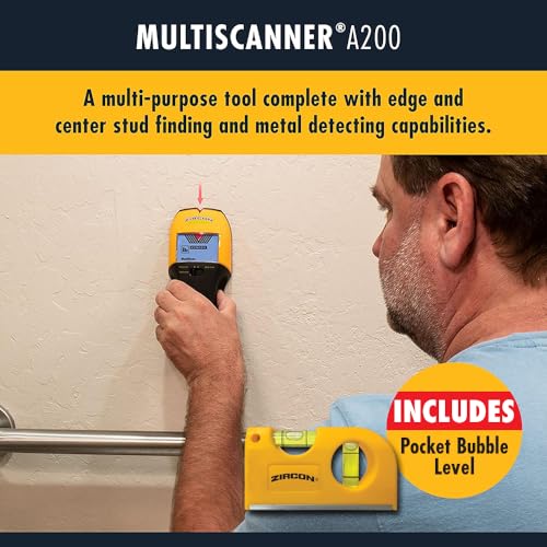 Image of Zircon MultiScanner A200 with Bonus Mini Pocket Level - Electronic Wall Scanner Stud Finder & Metal Detector with Live AC Wire Detection, SpotLite Pointer, ACT Auto-Correcting Technology