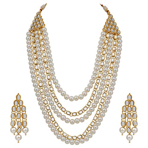 Image of Peora Kundan Faux Pearl Long Necklace & Jewelry Set Gift for Women