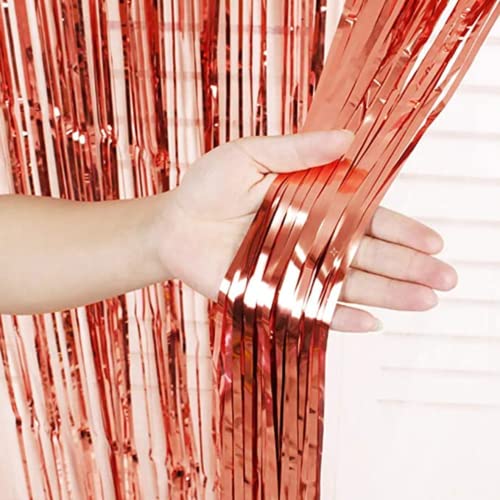Image of 3 ft X 6 ft 10 inches Rose Gold Metallic Foil Fringe Curtains for Anniversary /Birthday /House Party (3pc Rose Gold Metallic Tinsel Foil Fringe Curtains)