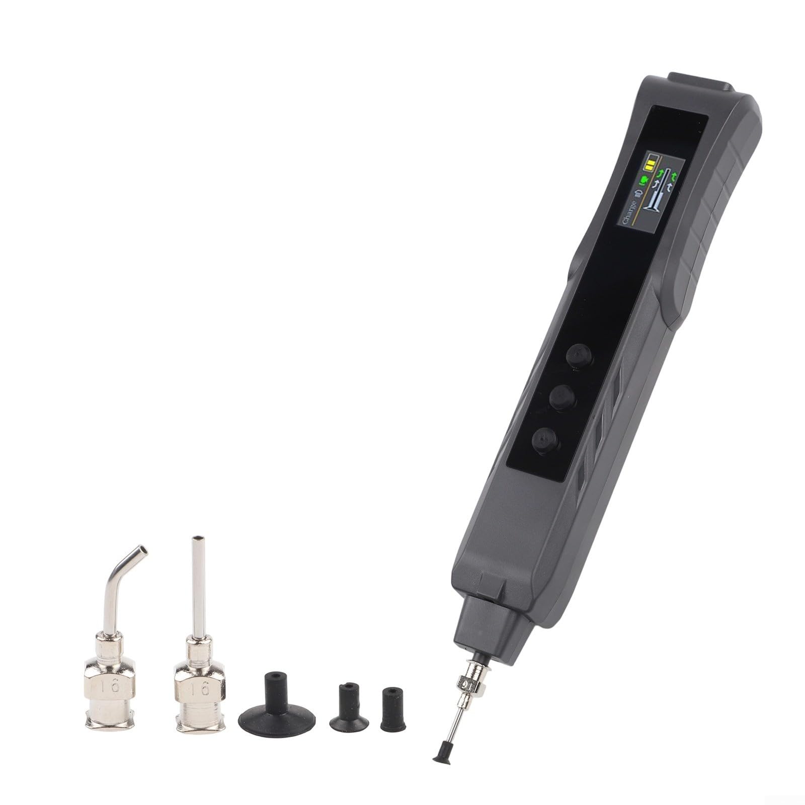 Elektrischer Vakuum-Saugstift mit TFT-Display, ESD-sicherer IC-Chip-Aufnehmer für SMD, leise 40dB Elektronik-Reparatur Werkzeug mit Taschenlampe und Wechselköpfen, schwarz
