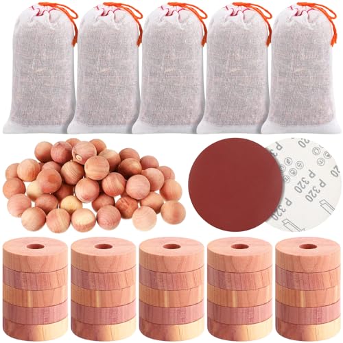Barydat 107 Pcs Cedar Blocks for Clothes Storage 50 Pcs Cedar Balls 50 Pcs Cedar Rings 5 Pcs Cedar Sachet Bags 2 Pcs Round Flocking Sandpaper Cedar Accessories for Closets Drawers Clothing Freshener