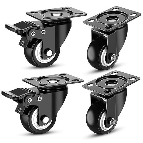 Image of 2 Inch Heavy-Duty PU Rubber Furniture Castor Wheels, 360 Swivel Caster Wheels with 2 Brakes & 2 Without Brakes for Furniture, Trolleys & Beds 400 kg Load Capacity (Black, Pack of 4)