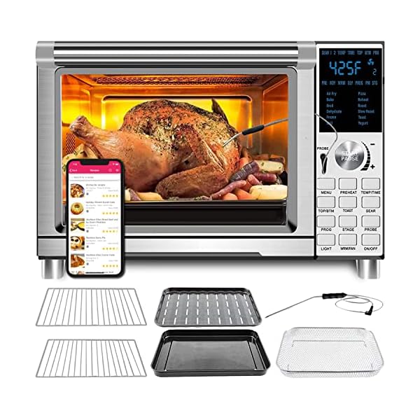 Nuwave Bravo Air Fryer Toaster Smart Oven, 12-in-1 Countertop Convection, 30-QT XL Capacity, 50°-500°F Temperature Controls, Top and Bottom Heater Adjustments 0%-100%, Brushed Stainless Steel Look