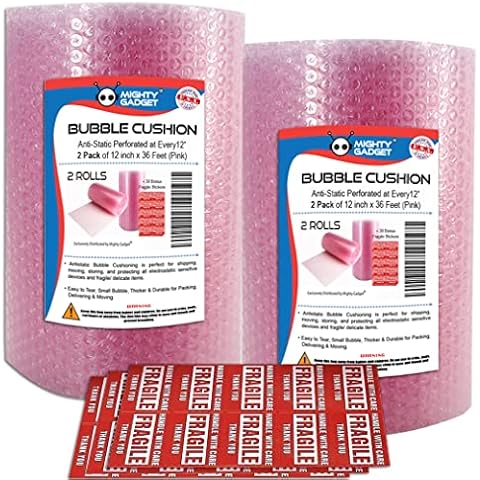 2 Pack of Mighty Gadget Bubble Cushioning Wrap Rolls, 12" x 72’ ft Total, Perforated Every 12" for Packaging, Shipping, Mailing Free Bonus Fragile Stickers Included (Pink Antistatic) Cover