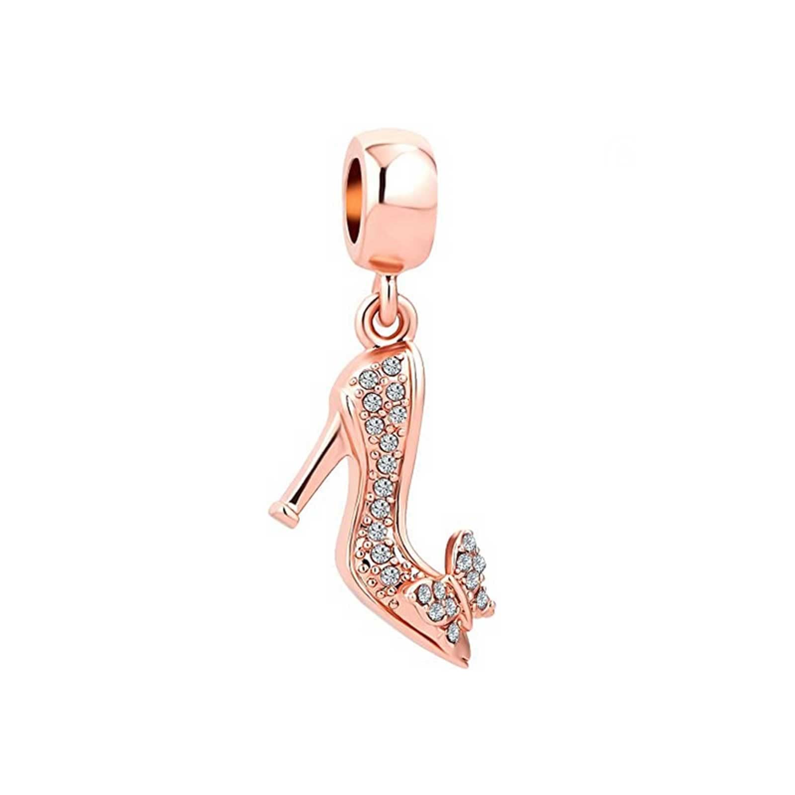 KunBeadJewelry Rose Gold Tone High Heel Shoe Crystal Butterfly Women Girls Dangle Charms Compatible with Pandora Bracelets Necklace