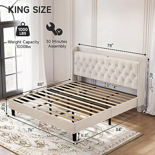 Image of koorlian King Velvet Bed Frame, Adjustable Upholstered Platform Bed Frame with Type-C&USB Ports, Wingback Storage Headboard, Solid Wood Slats Support, No Box Spring Needed, Noise-Free, Beige