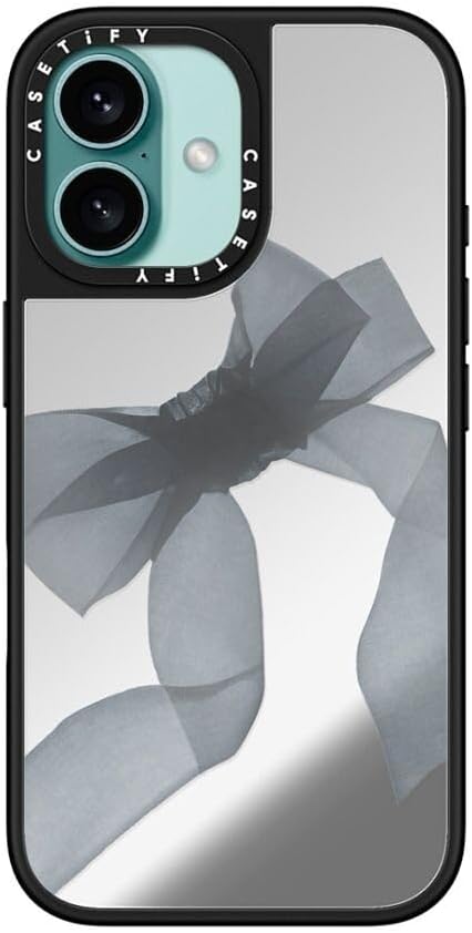 CASETiFY Mirror iPhone 16 Case [Reflective / 4.9 ft. 1X Military Grade Drop Protection/Compatible with Magsafe] - Black Organza Ribbon - Silver on Black - Image 4