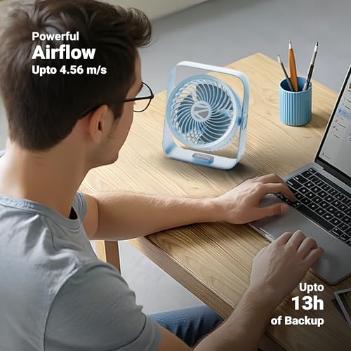 Image of Zebronics Heat Buster 300, Portable Desk Fan, Upto 13h Backup, 3600mAh Rechargeable Battery, 360 Rotatable Fan, 4 Speed + 1 Breeze Mode, Wall-Mountable, for Travel, Office, Home (Blue)