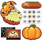 Oizemori Halloween Einladung Kindergeburtstag – 12x Kürbis Einladungskarten Set mit Umschlägen und Aufklebern – Einladung Halloweenparty Kinder für Gruselfeier und Horror-Party