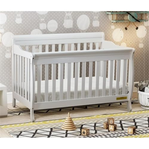 Image of Pemberly Row 4-in-1 Convertible Crib, 55 inch W x 34 inch D x 42 inch H, Solid New Zealand Pine Wood, White Finish, Includes Toddler Guardrail, Adjustable Mattress Support, Eco-Friendly Baby and Kids Room