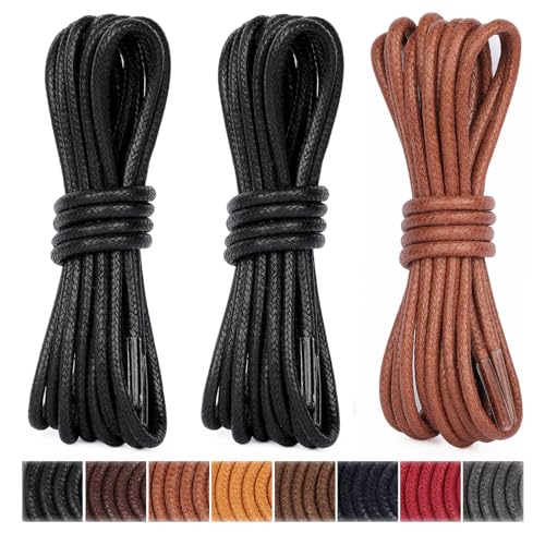 Image of Handshop 3 Pairs Dress Shoe Laces | 3 /32 inch Thin Round Waxed Shoelaces | Polished waxed sheen, tightly woven cotton, secure tie, for oxfords, derbies and chukka boots, 23 inch-63 inch sizes and 15 colors
