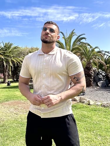 COOFANDY Men's Knit Button Down Shirt Vintage Short Sleeve Polo Shirts Casual Beach Tops3